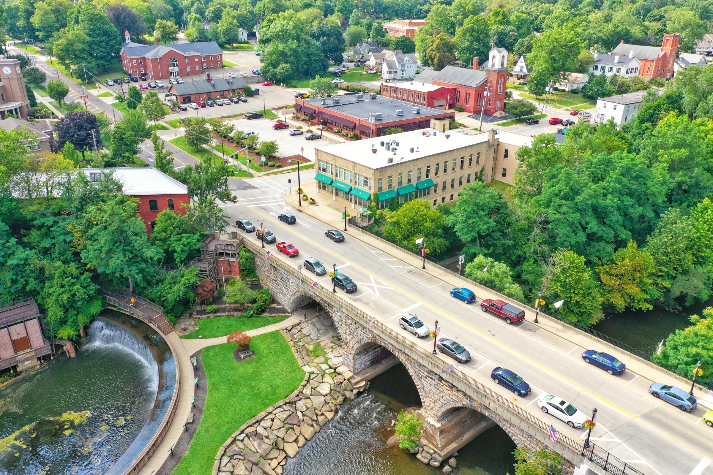 Aerial view of downtown Kent, Ohio along the Cuyahoga River